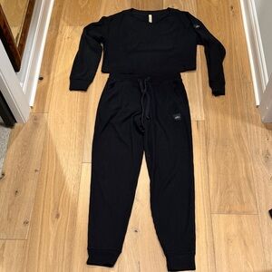 ALO Yoga Black Ribbed Track Pants & Crop Top Set